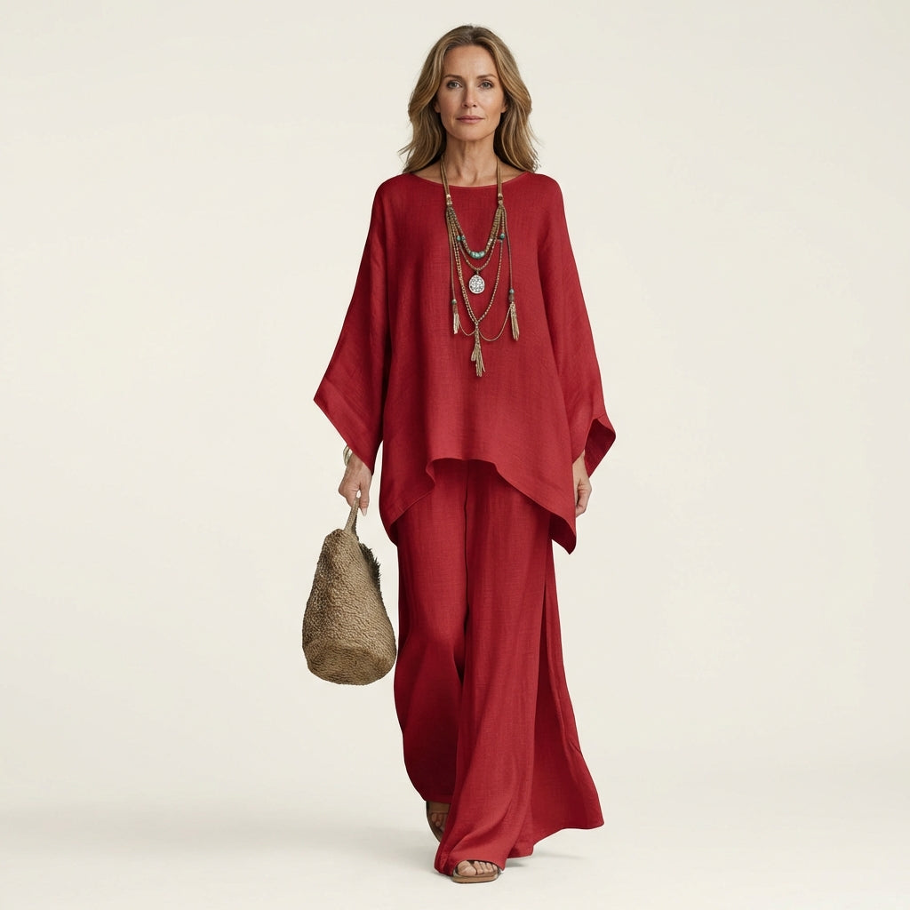 Linen Look Asymmetric Hem Top and Wide Leg Pants Two Piece Set