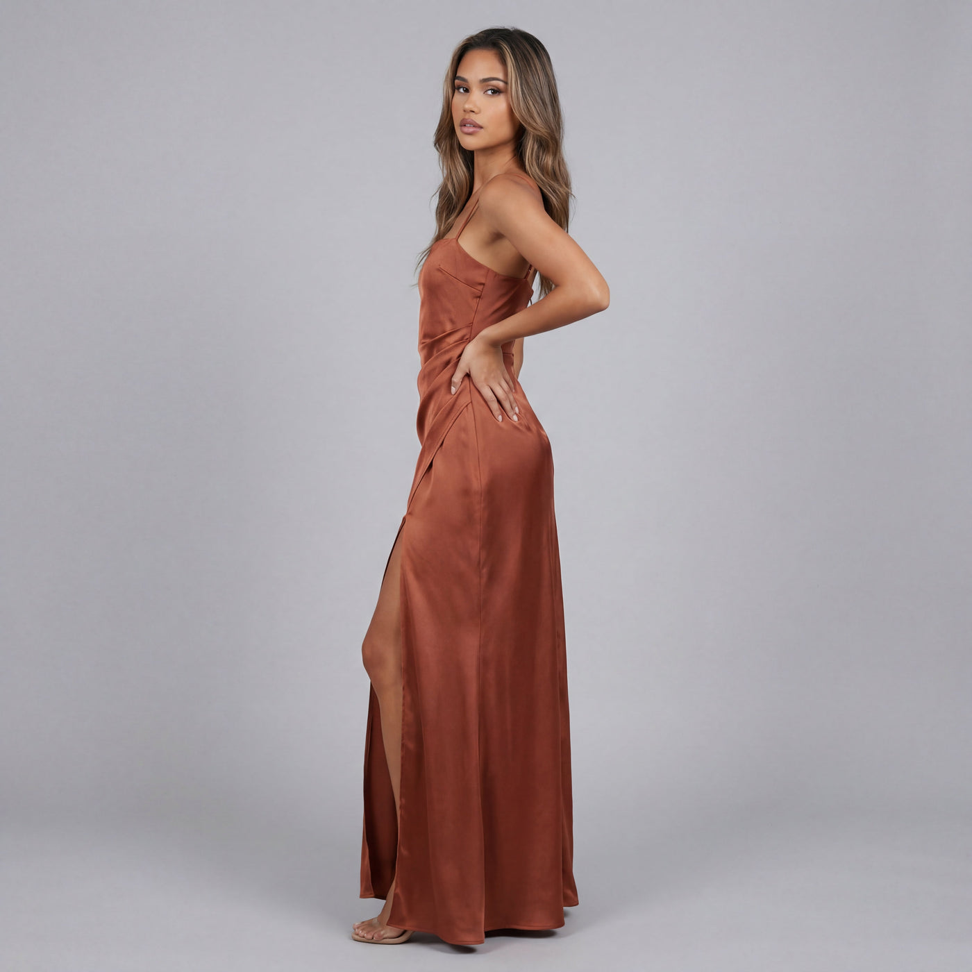 Satin Square Neck Spaghetti Strap High Split Maxi Dress 2