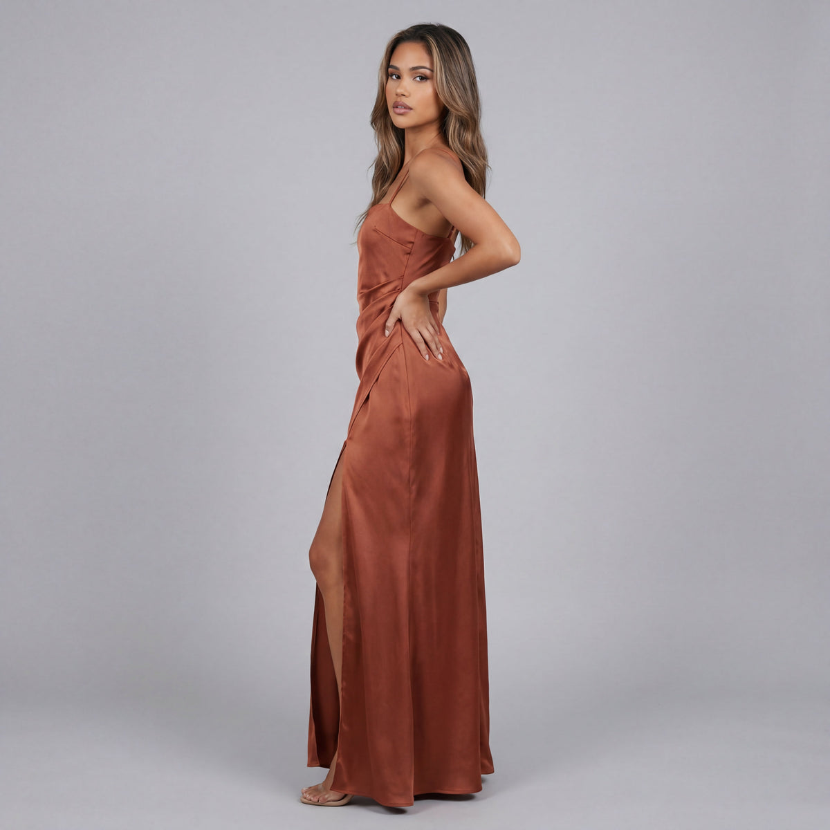 Satin Square Neck Spaghetti Strap High Split Maxi Dress 2