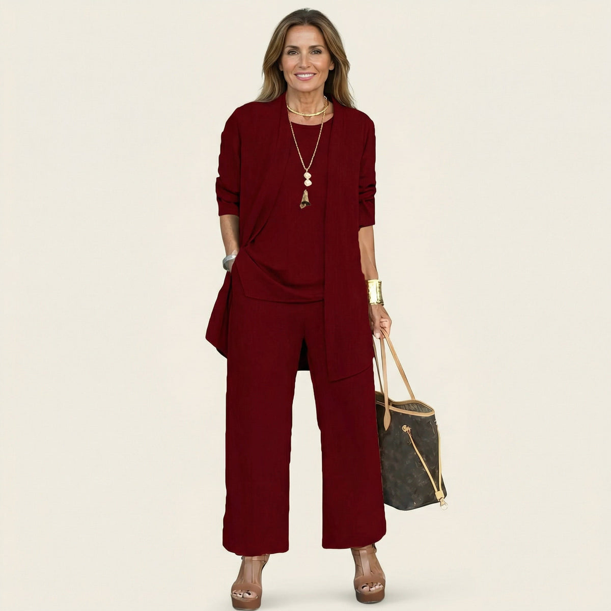 Open Front Cardigan Top and Wide Leg Pants Three Piece Set