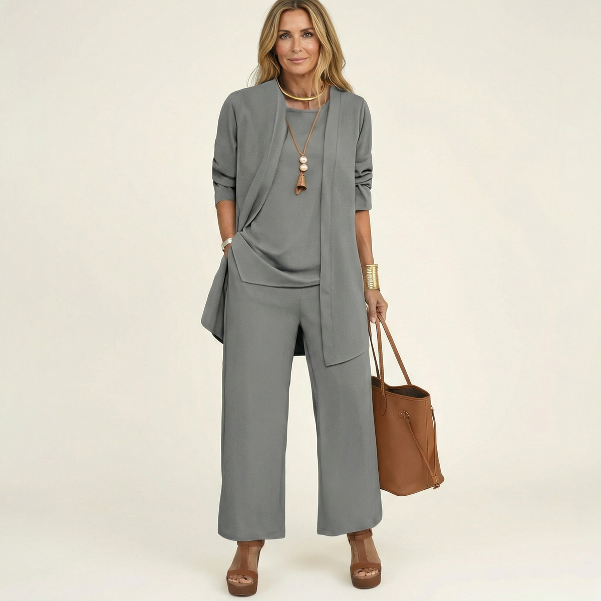 Open Front Cardigan Top and Wide Leg Pants Three Piece Set