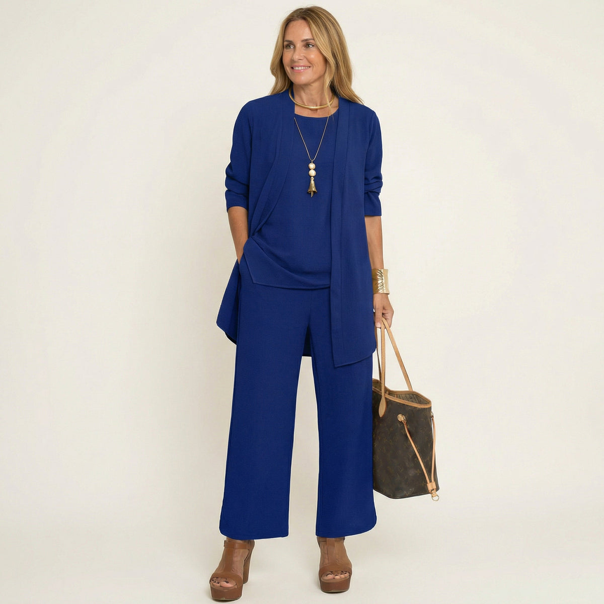 Open Front Cardigan Top and Wide Leg Pants Three Piece Set