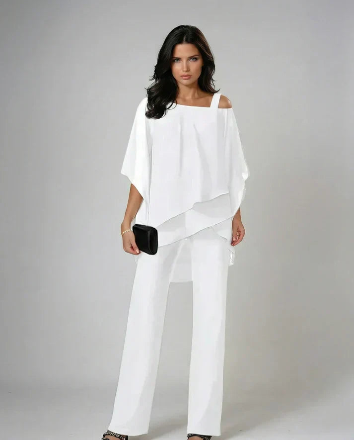 Cold Shoulder Cape Overlay Top and Wide Leg Pants Two Piece Set
