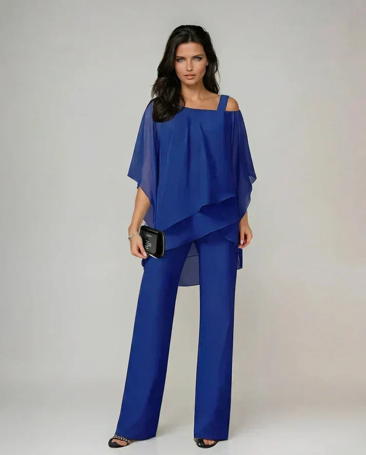 Cold Shoulder Cape Overlay Top and Wide Leg Pants Two Piece Set