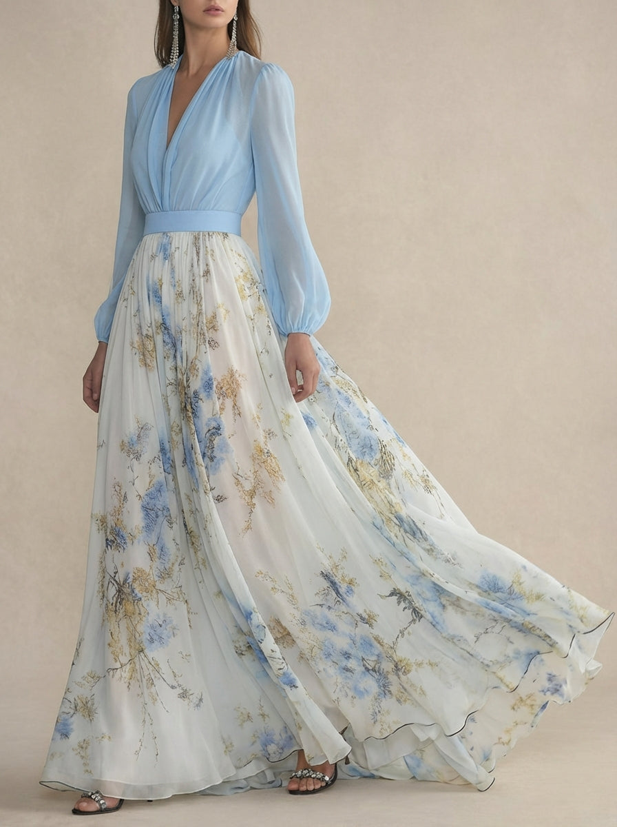 Deep V-Neck Long Sleeve Floral Skirt Maxi Gown