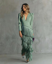 Deep V-Neck Long Sleeve Fringe Tiered Maxi Dress