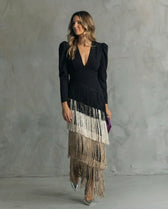 Deep V-Neck Long Sleeve Fringe Tiered Maxi Dress 4