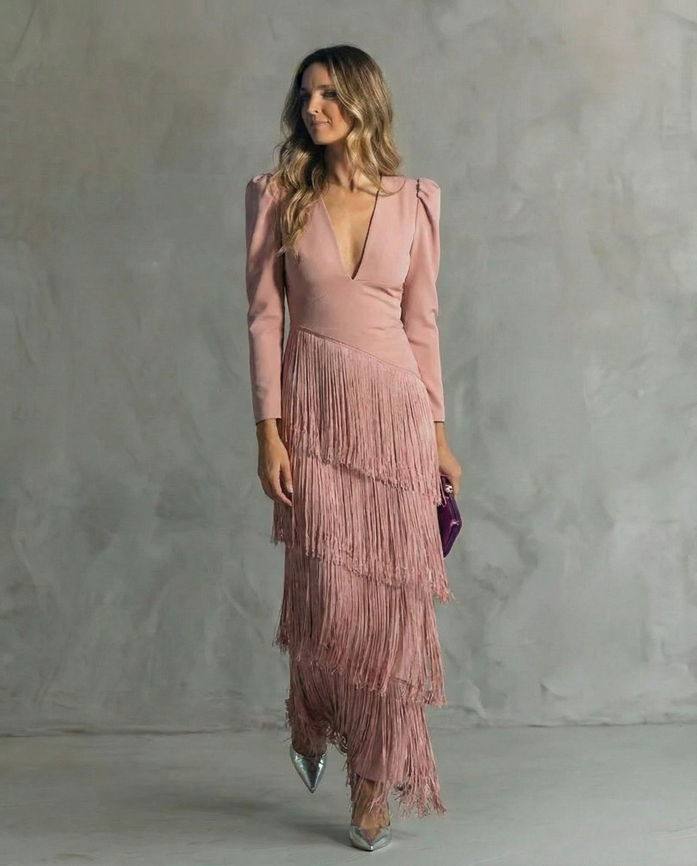 Deep V-Neck Long Sleeve Fringe Tiered Maxi Dress 3