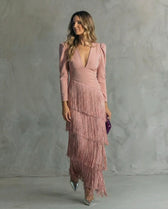 Deep V-Neck Long Sleeve Fringe Tiered Maxi Dress 3