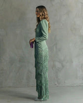 Deep V-Neck Long Sleeve Fringe Tiered Maxi Dress 6