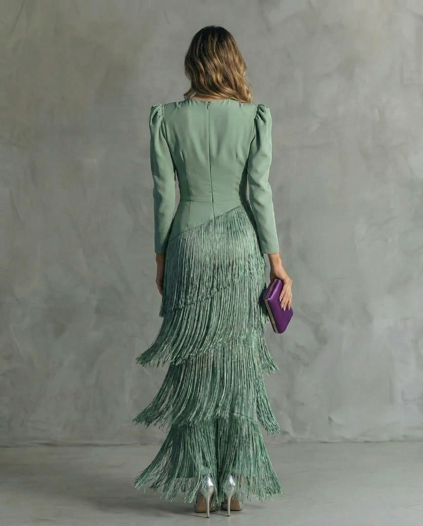 Deep V-Neck Long Sleeve Fringe Tiered Maxi Dress 7