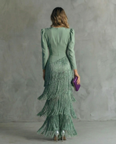 Deep V-Neck Long Sleeve Fringe Tiered Maxi Dress 7