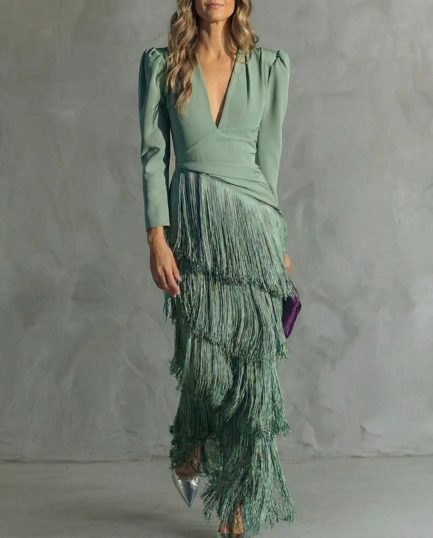 Deep V-Neck Long Sleeve Fringe Tiered Maxi Dress 5