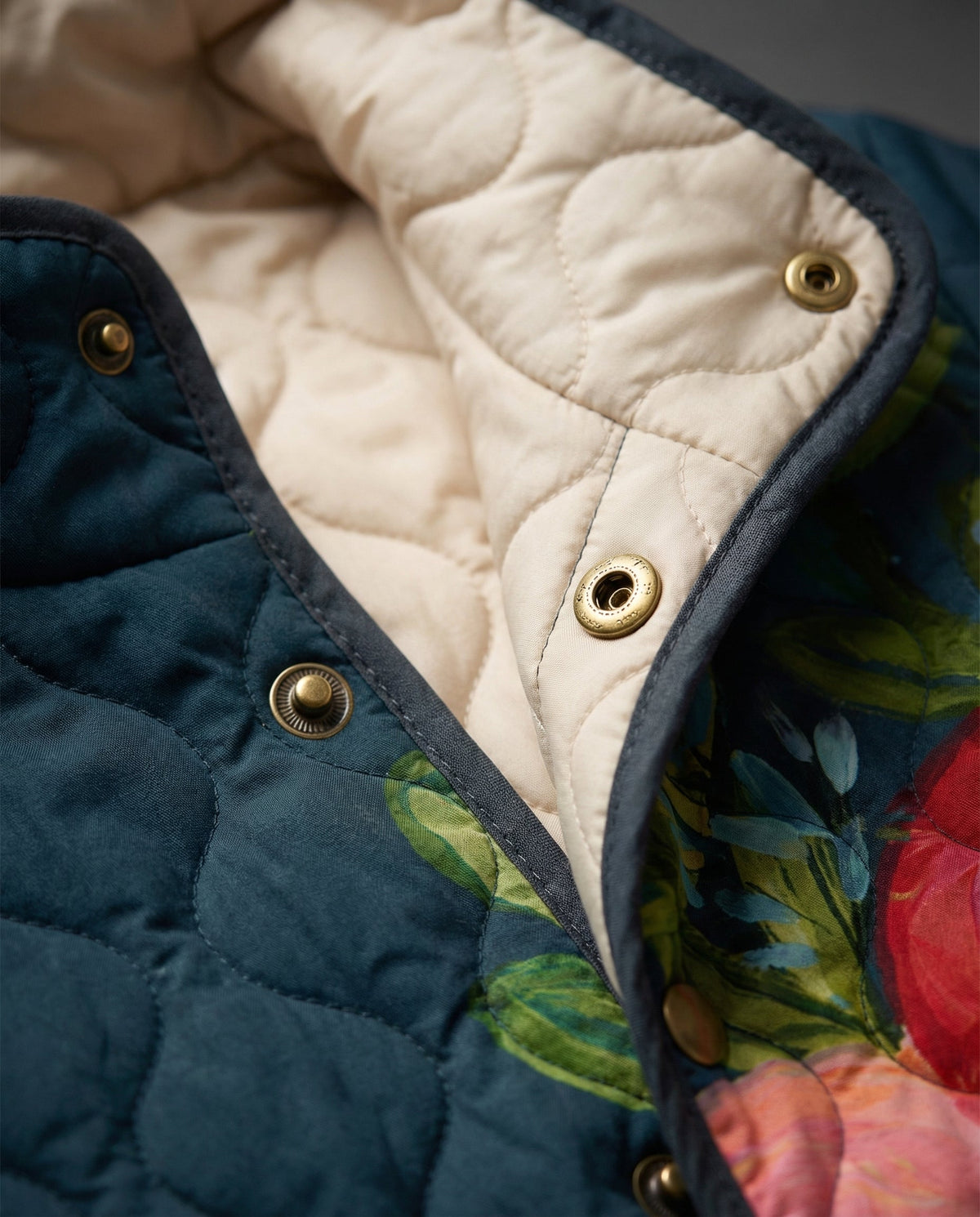 Floral Print Stand Collar Snap Front Quilted Jacket