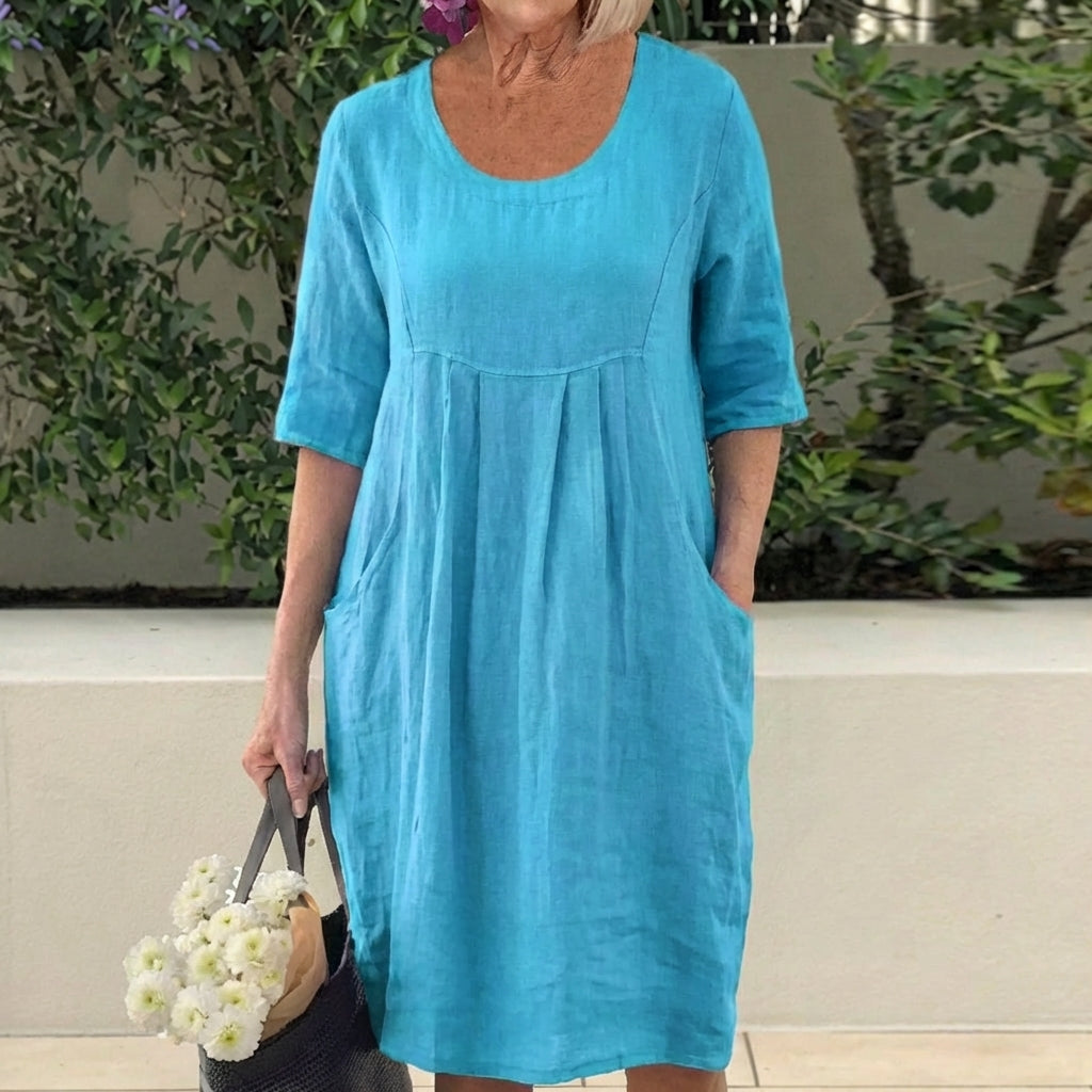 Round Neck Half Sleeve Pleated Pocket Midi Dress