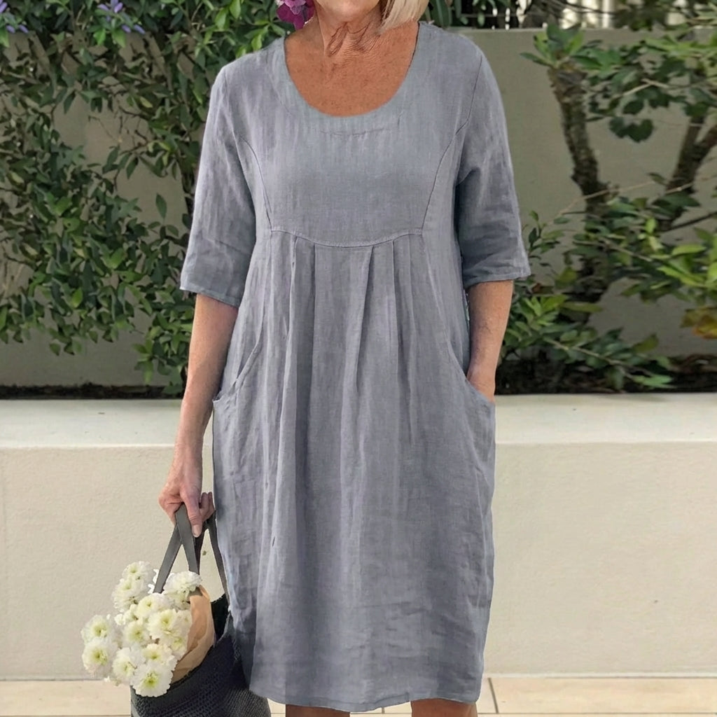 Round Neck Half Sleeve Pleated Pocket Midi Dress
