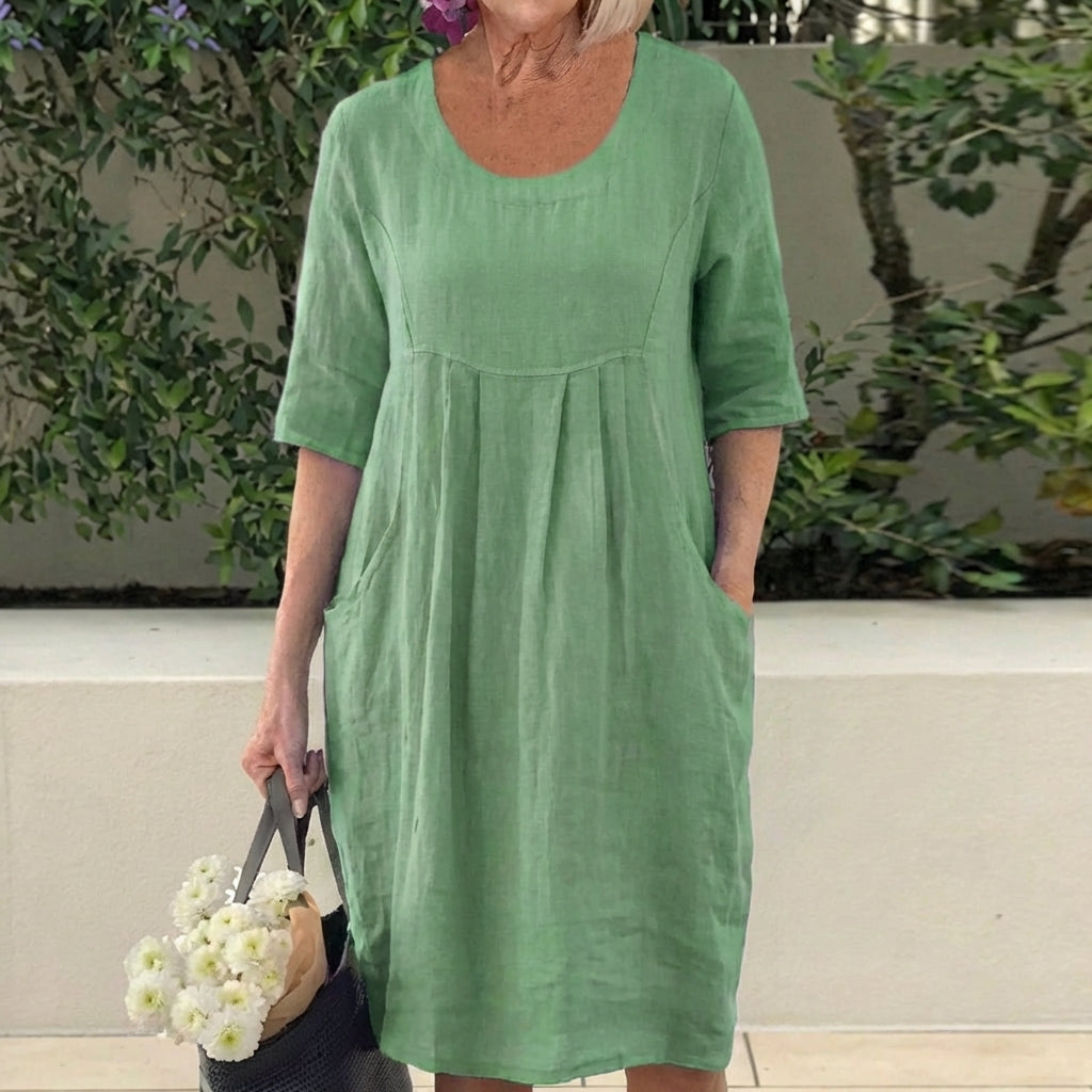 Round Neck Half Sleeve Pleated Pocket Midi Dress