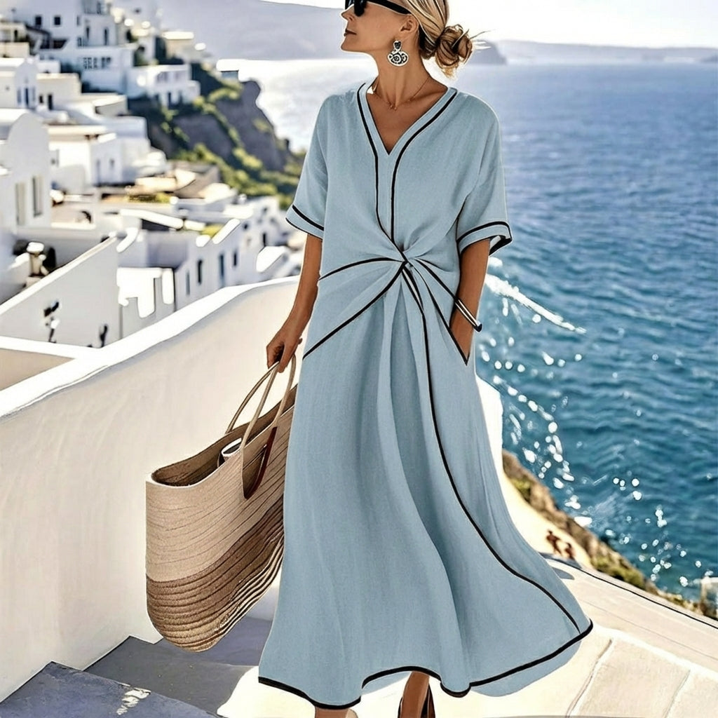 Contrast Trim Twist Front Short Sleeve Maxi Dress
