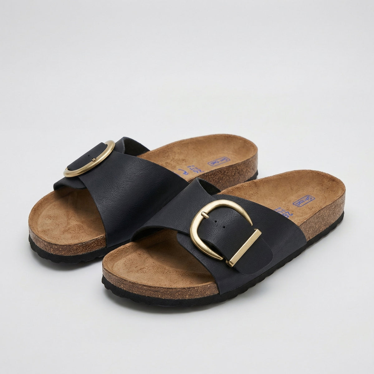 Double Buckle Cork Footbed Slide Sandals