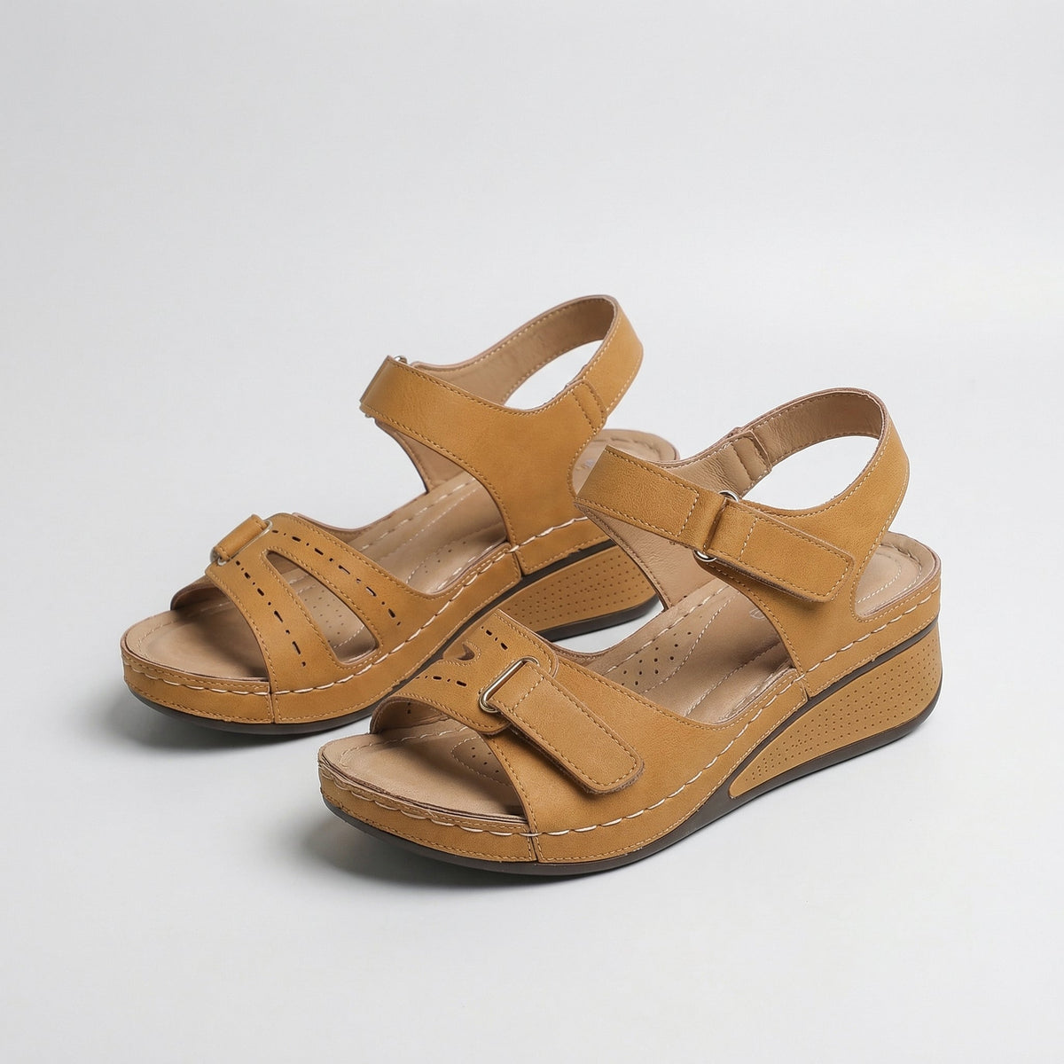 Open Toe Cut Out Hook and Loop Wedge Sandals