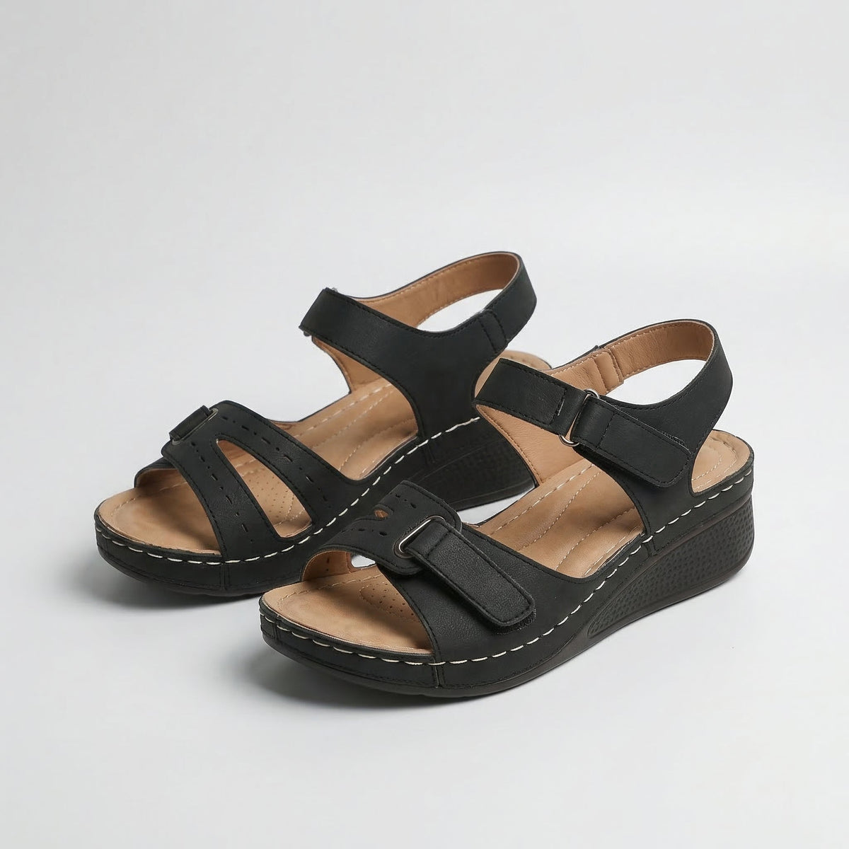 Open Toe Cut Out Hook and Loop Wedge Sandals