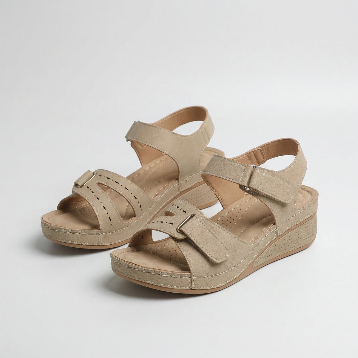 Open Toe Cut Out Hook and Loop Wedge Sandals