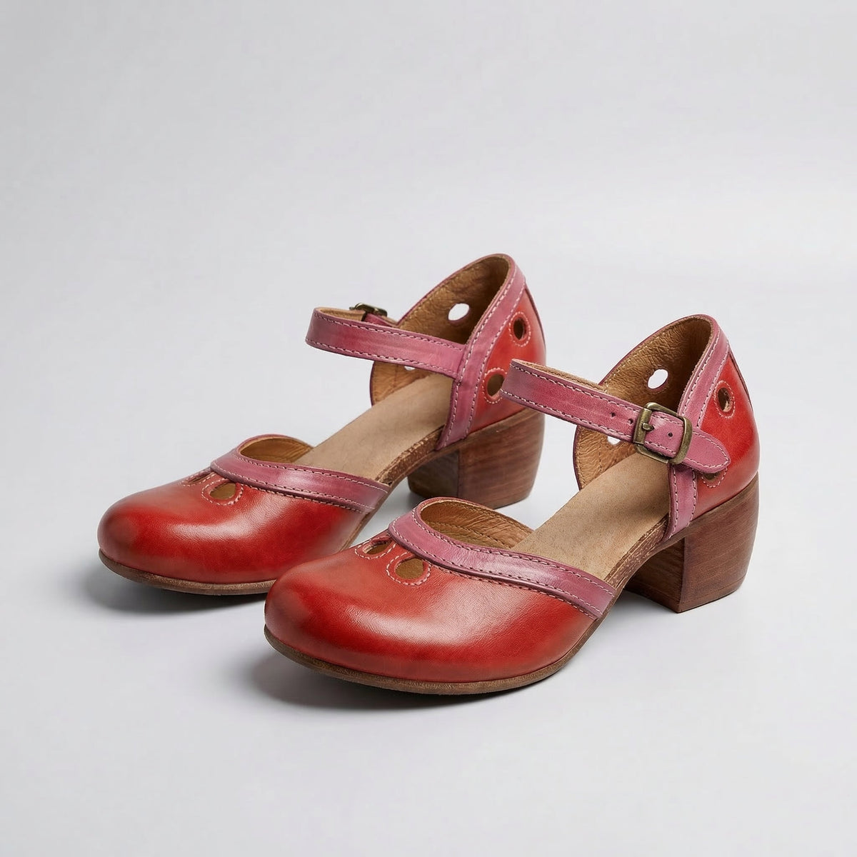 Round Toe Ankle Strap Block Heel Mary Jane Pumps