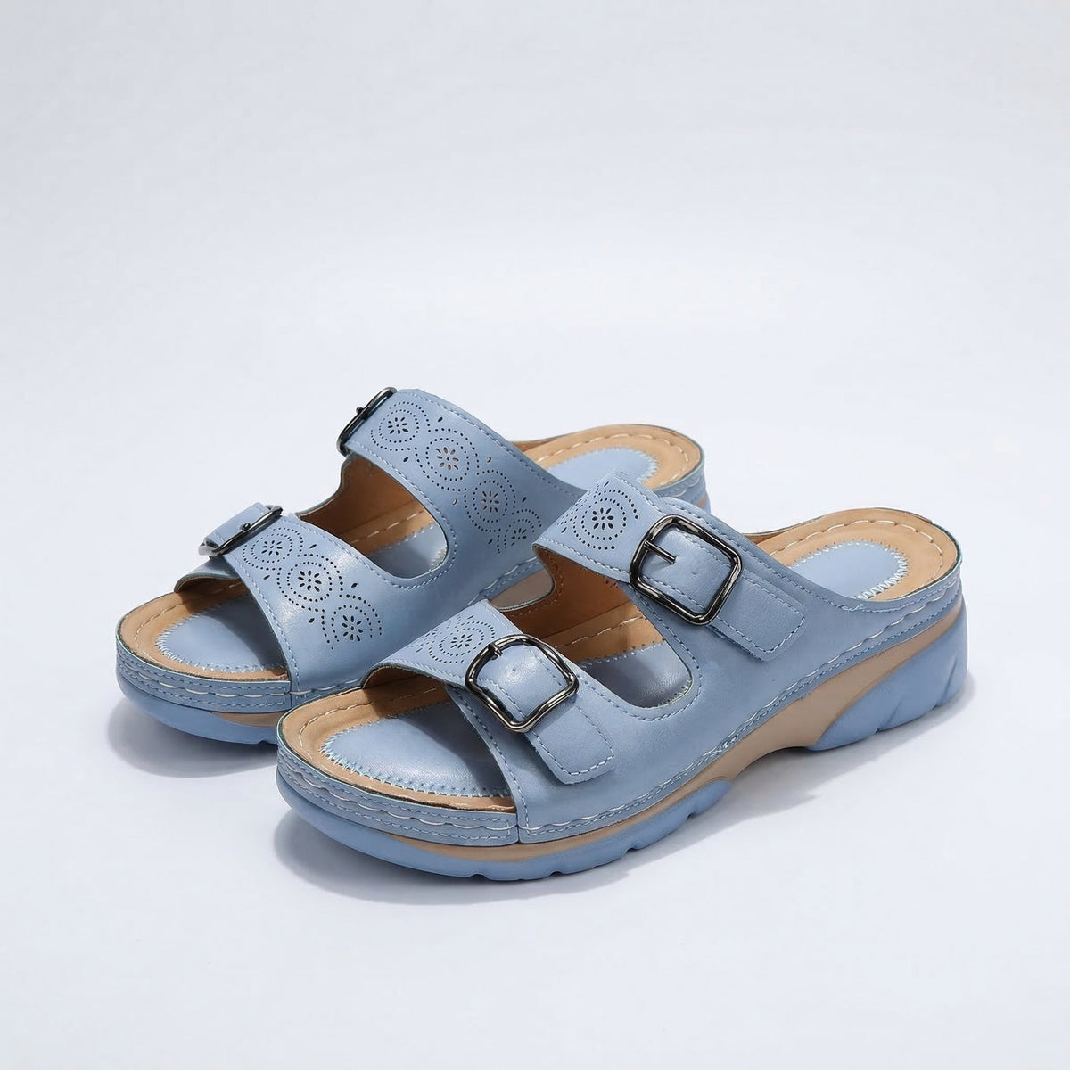 Open Toe Cutout Double Buckle Wedge Slide Sandals