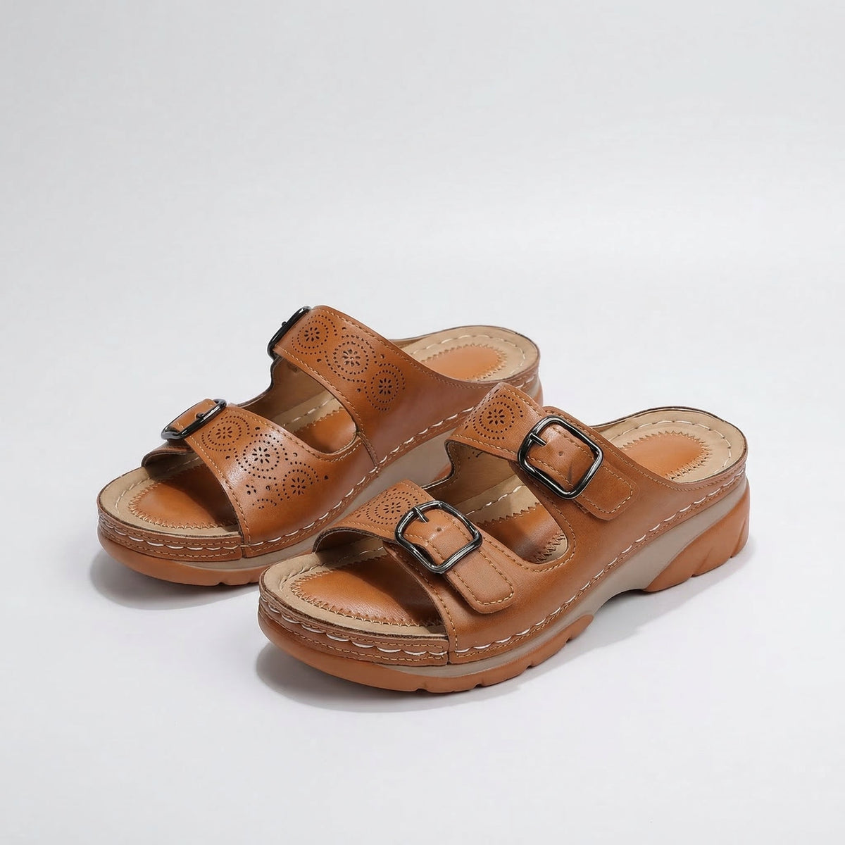 Open Toe Cutout Double Buckle Wedge Slide Sandals