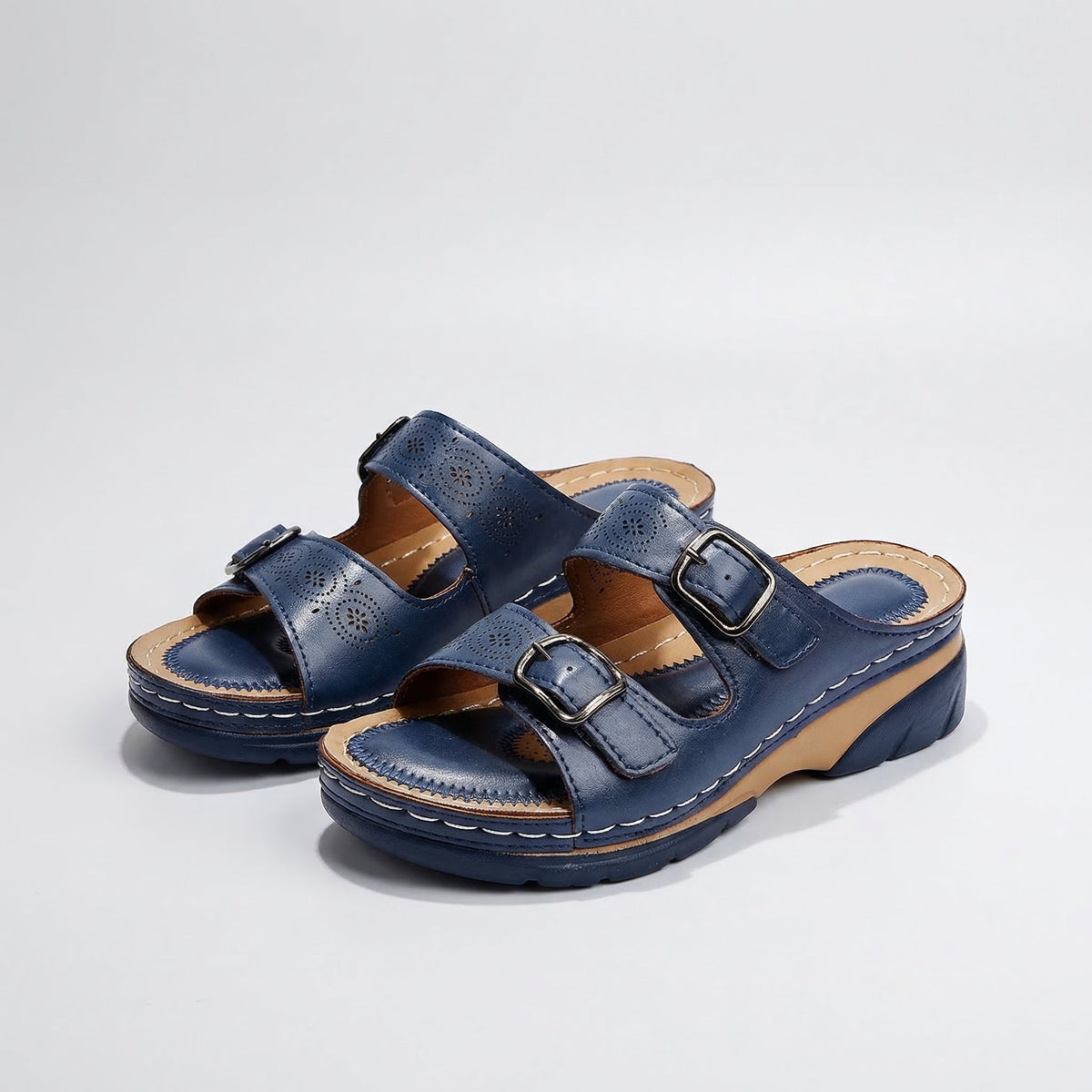 Open Toe Cutout Double Buckle Wedge Slide Sandals
