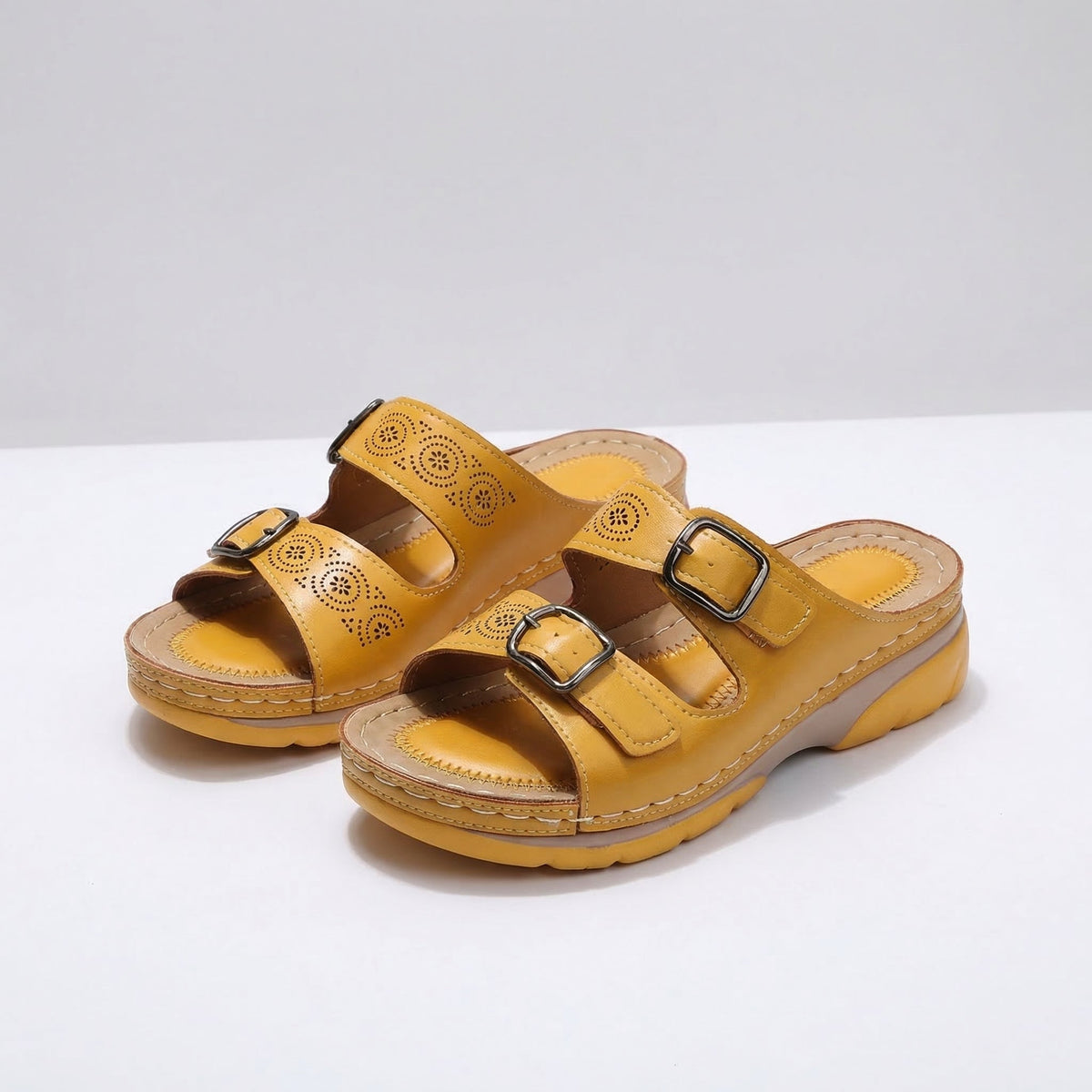 Open Toe Cutout Double Buckle Wedge Slide Sandals