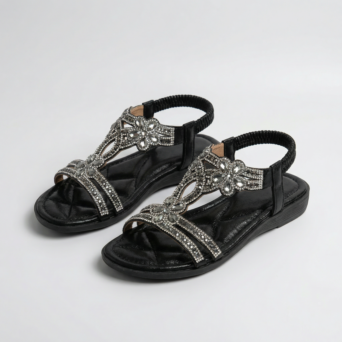 Open Toe Rhinestone Embellished Flat Sandals