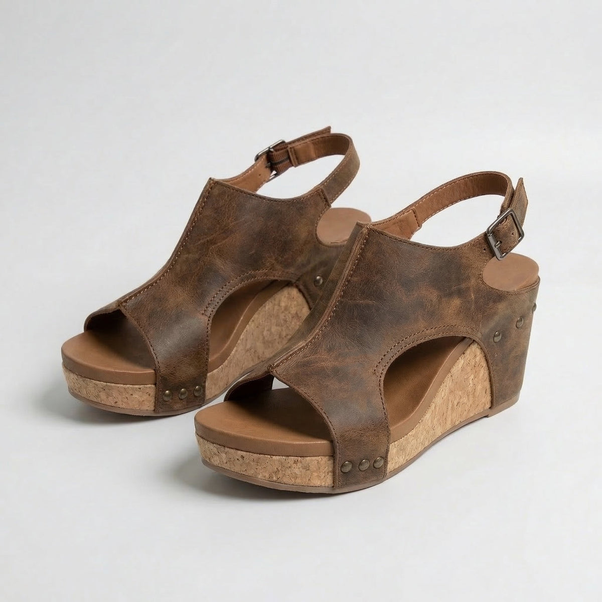 Peep Toe Cut Out Slingback Cork Wedge Sandals