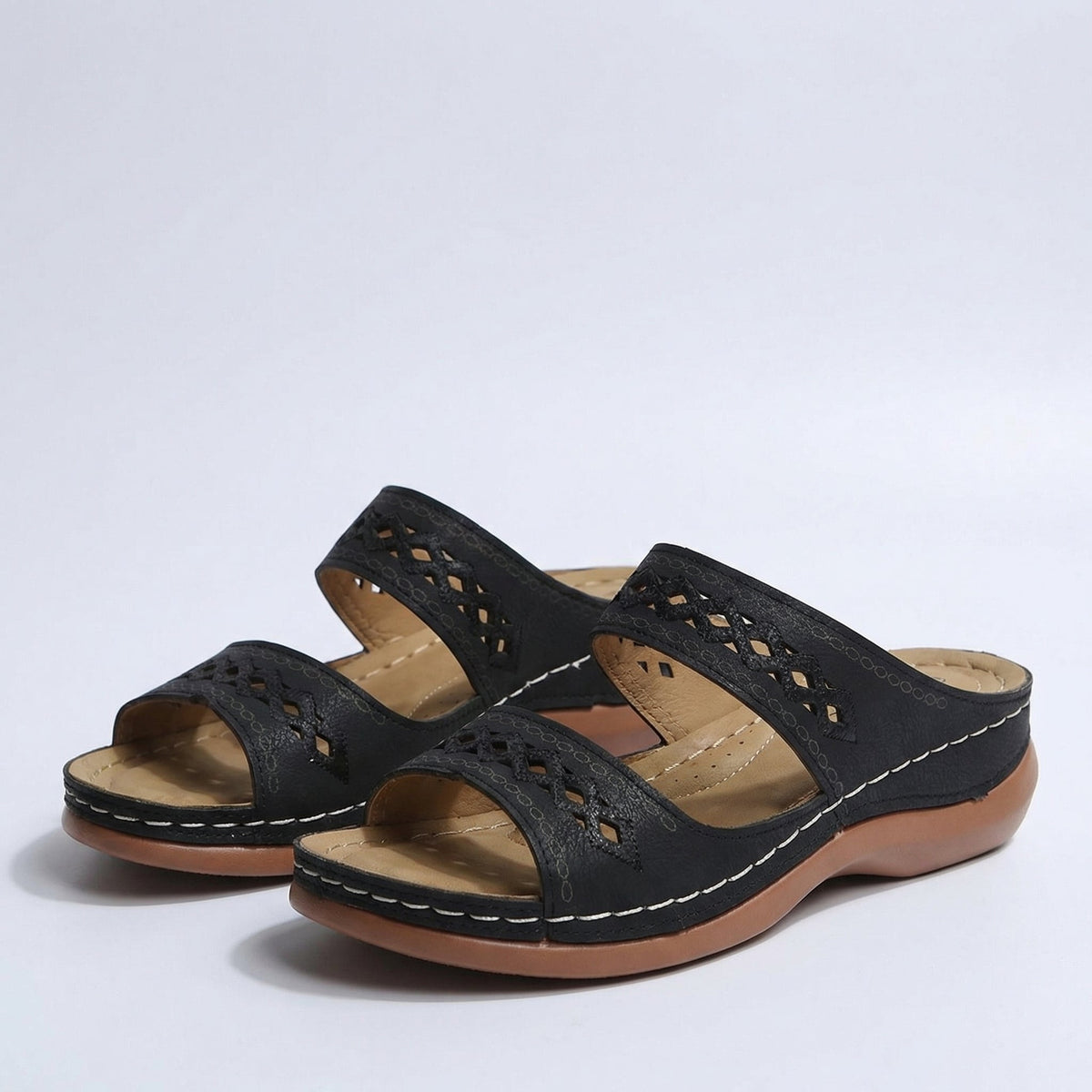 Peep Toe Cutout Double Band Wedge Slide Sandals