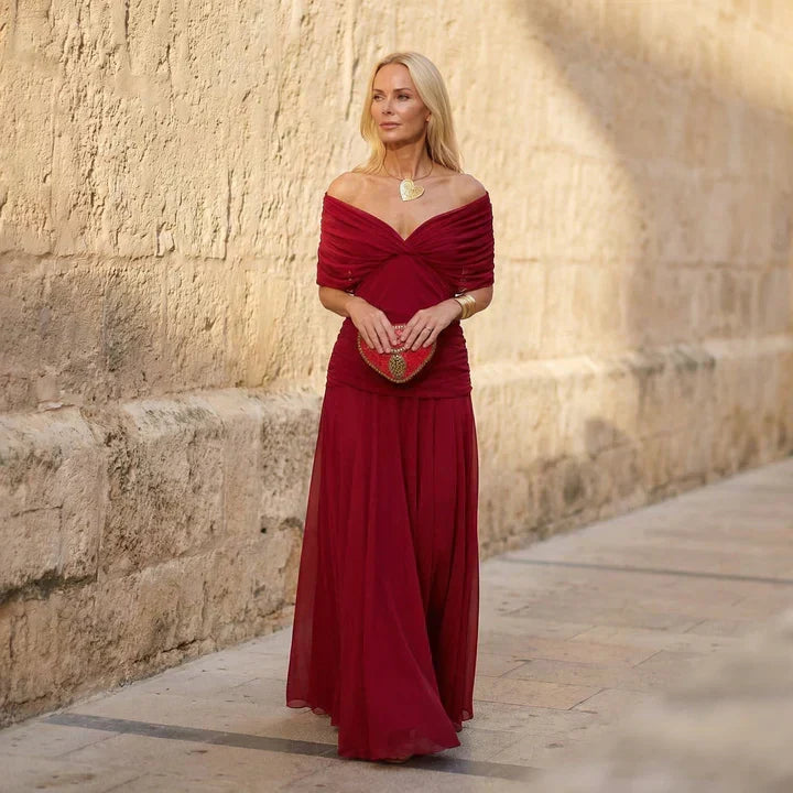 Off Shoulder Twist Front Ruched Maxi Evening Dress