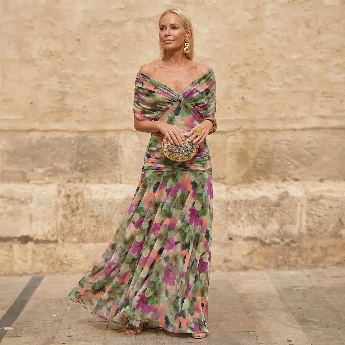 Floral Off Shoulder Ruched Maxi Dress