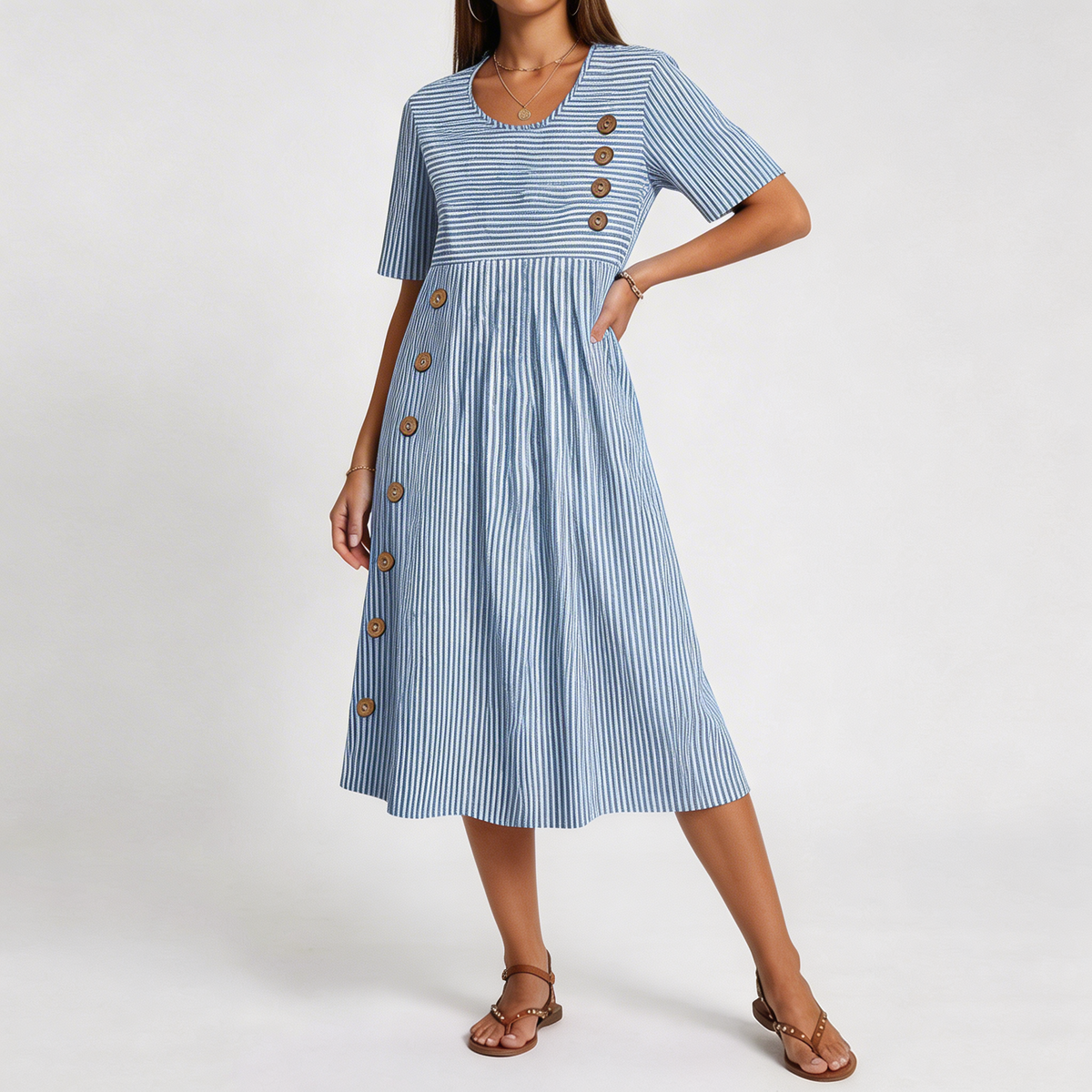 Striped Round Neck Short Sleeve Button Front Midi Dress