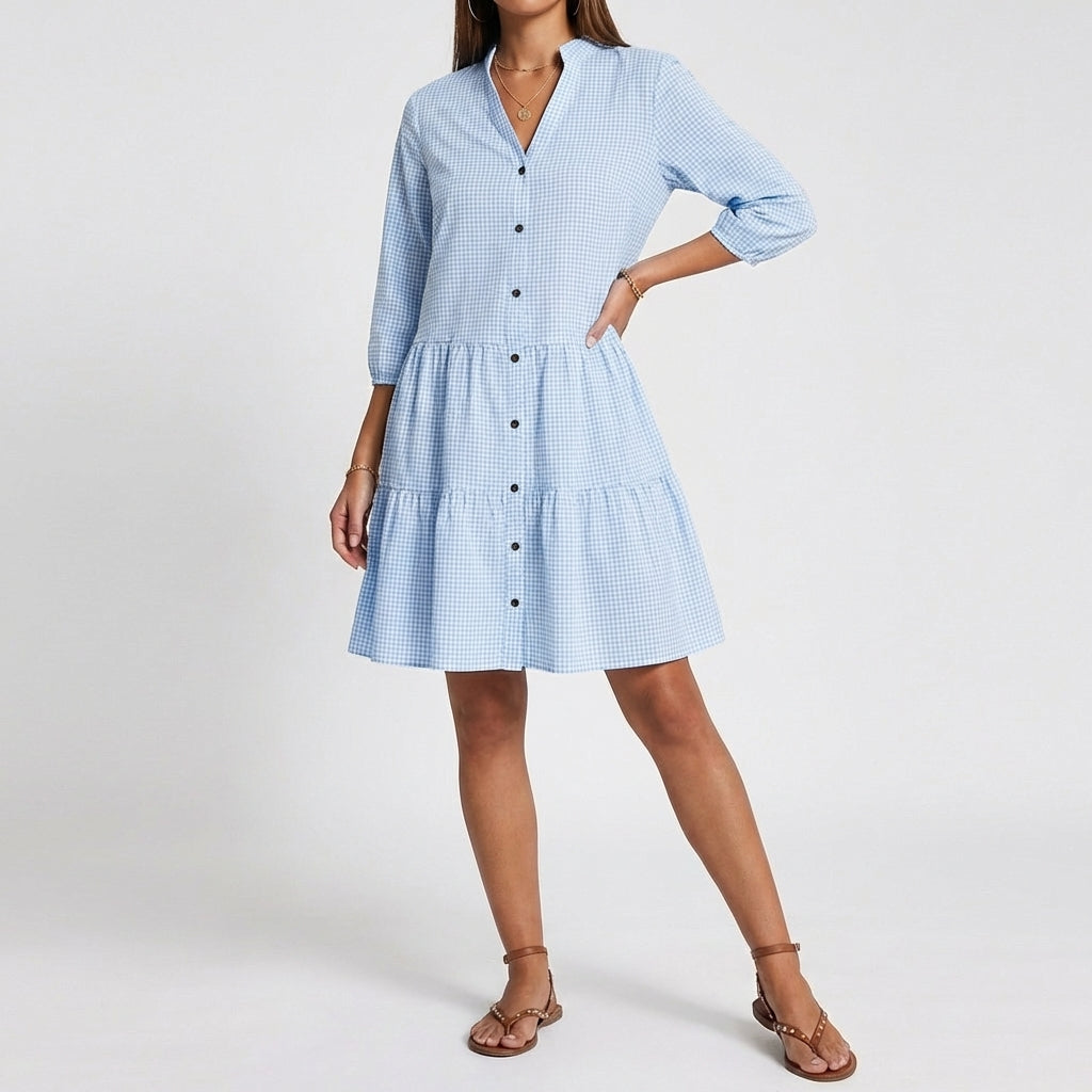 Gingham Button Front Tiered Long Sleeve Smock Mini Dress