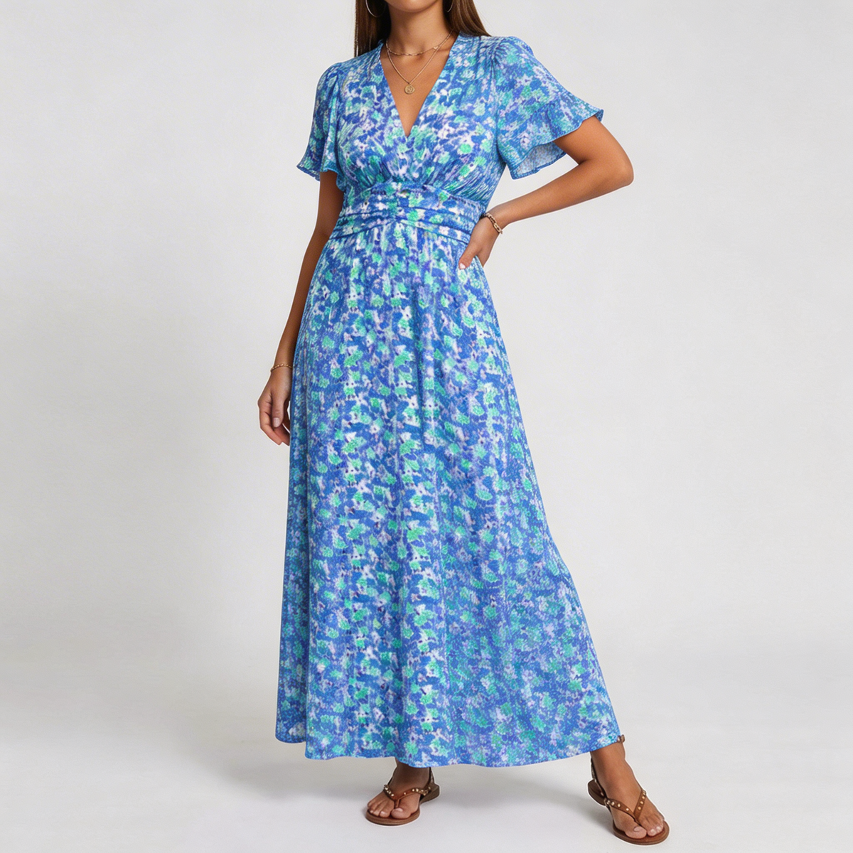 Floral Print V-Neck Flutter Sleeve Wrap Maxi Dress
