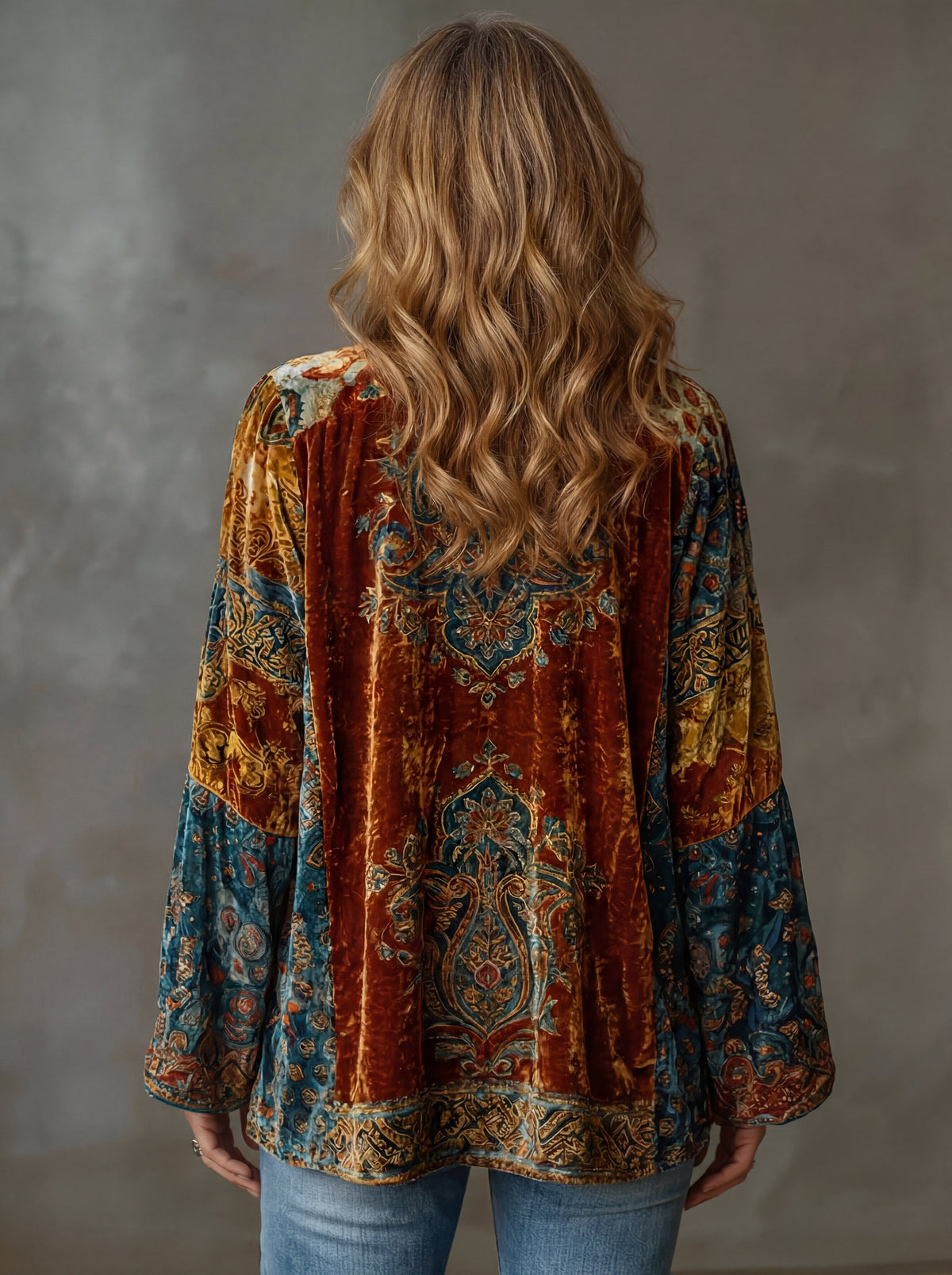 Paisley Velvet Boho Open Front Kimono Cardigan