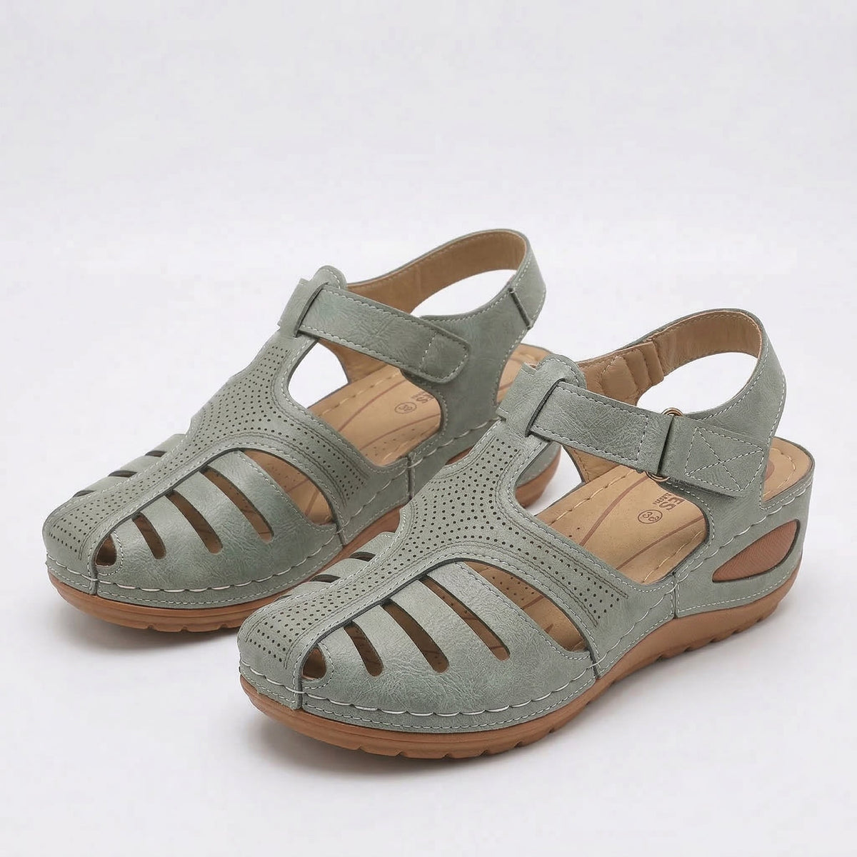 Closed Toe Cut Out Hook and Loop Wedge Sandals