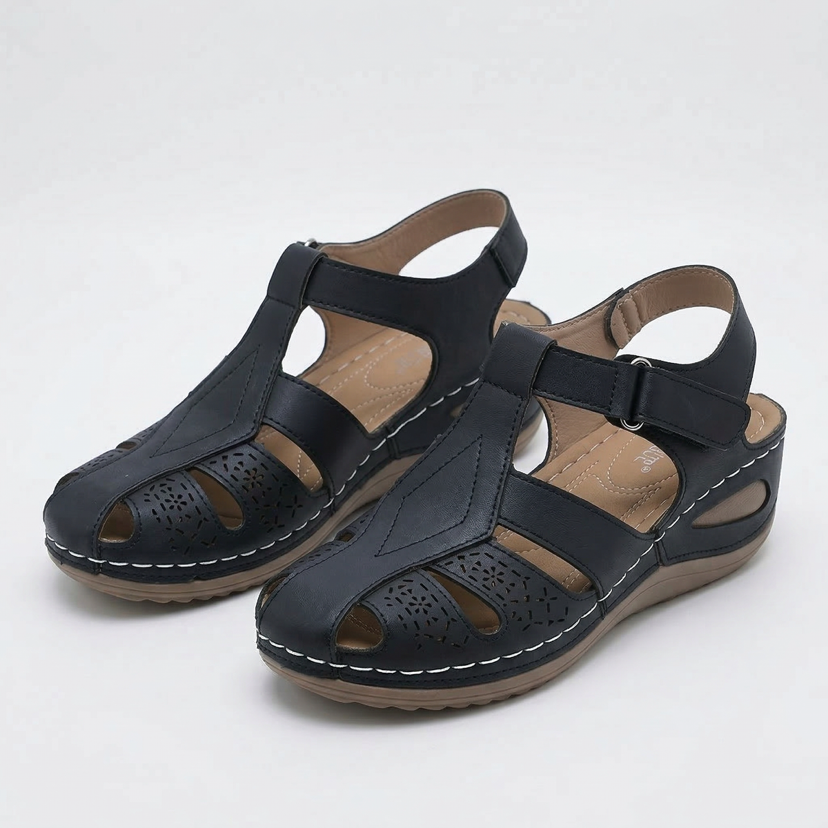 Closed Toe Cut Out Hook and Loop Wedge Sandals