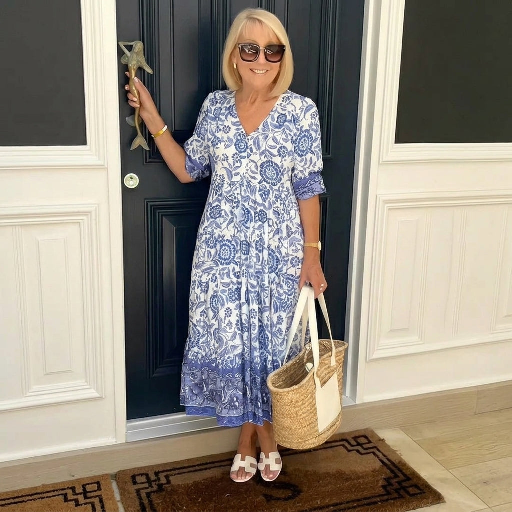 Floral V-Neck Puff Sleeve Tiered Maxi Dress