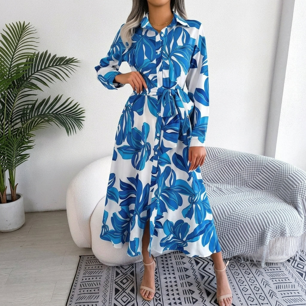 Floral Long Sleeve Belted Button Front Shirt Dress