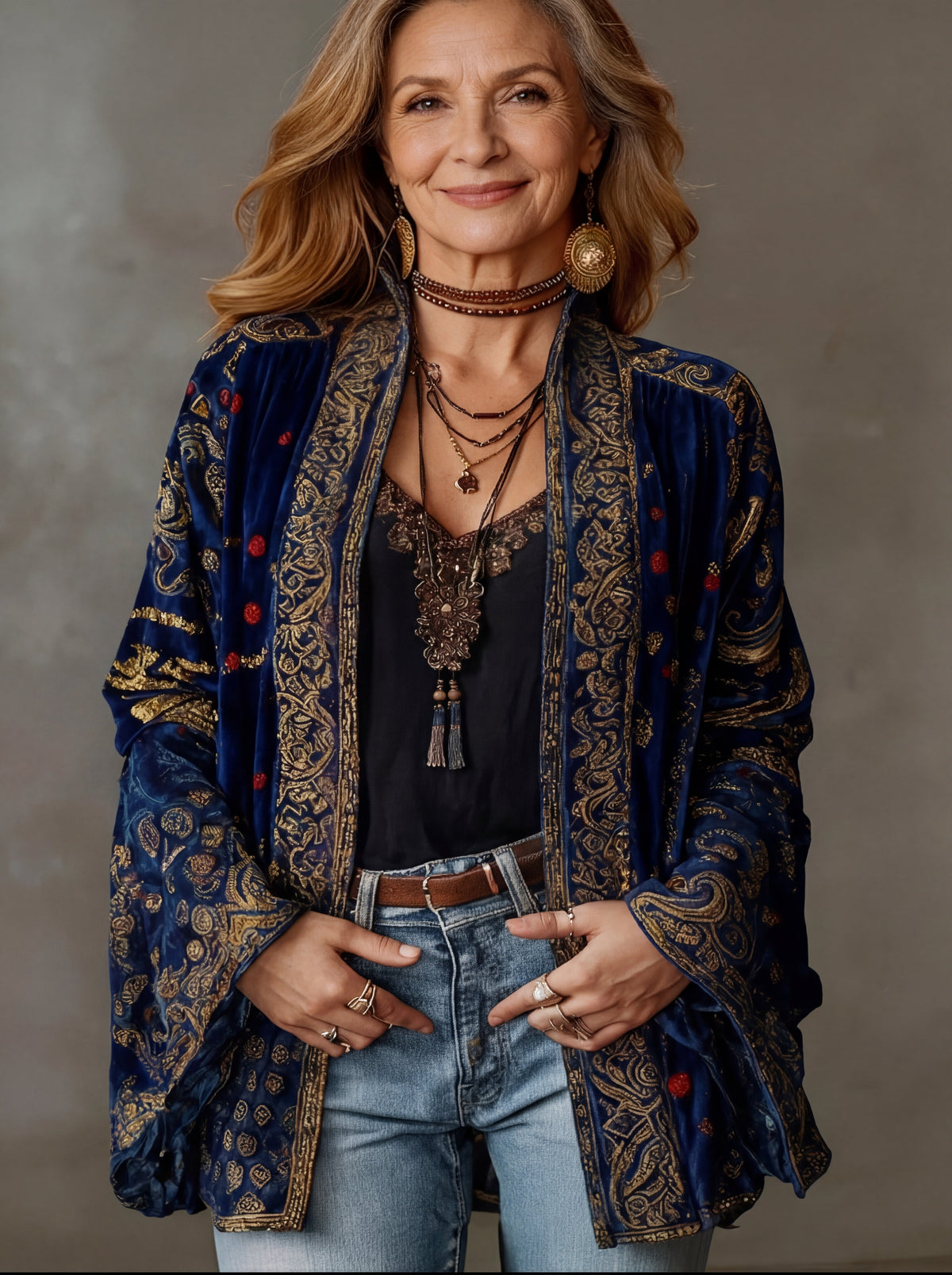Paisley Print Velvet Open Front Kimono Jacket 2