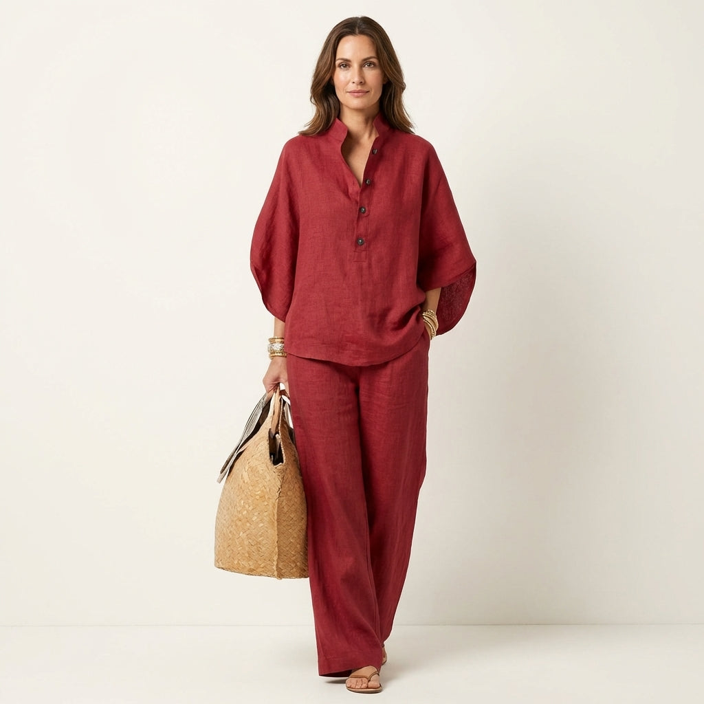 Linen Look Band Collar Button Placket Top and Wide Leg Pants Two Piece Set