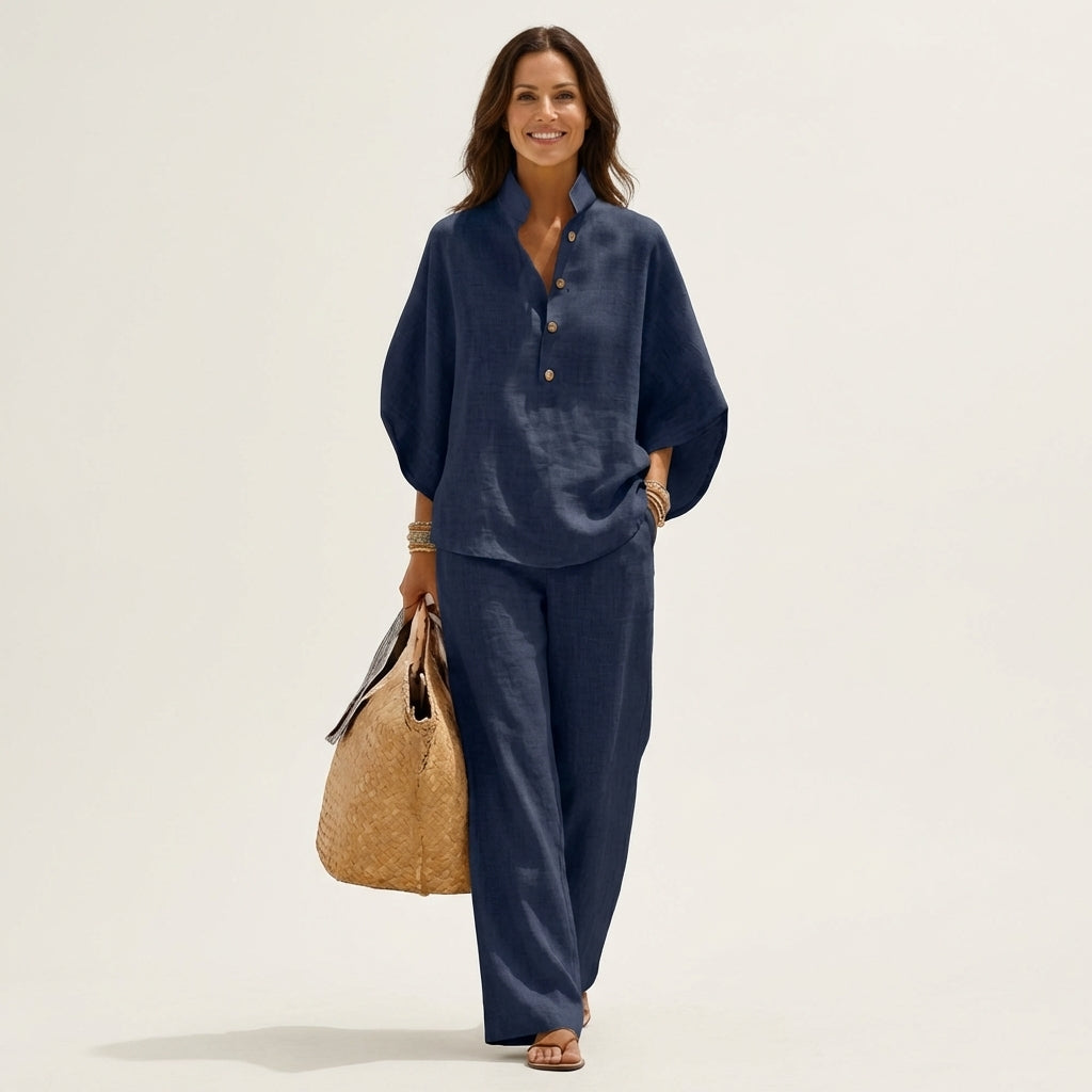 Linen Look Band Collar Button Placket Top and Wide Leg Pants Two Piece Set