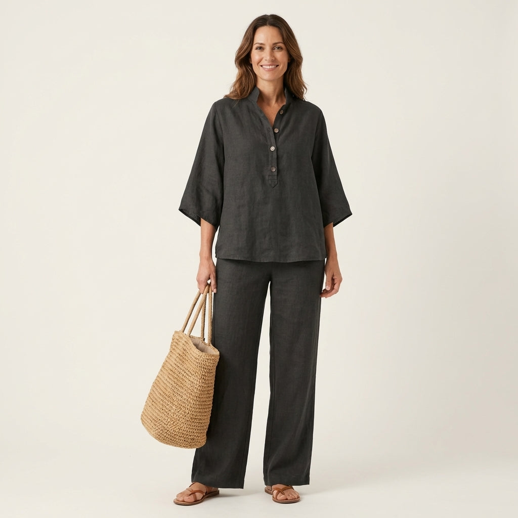 Linen Look Band Collar Button Placket Top and Wide Leg Pants Two Piece Set