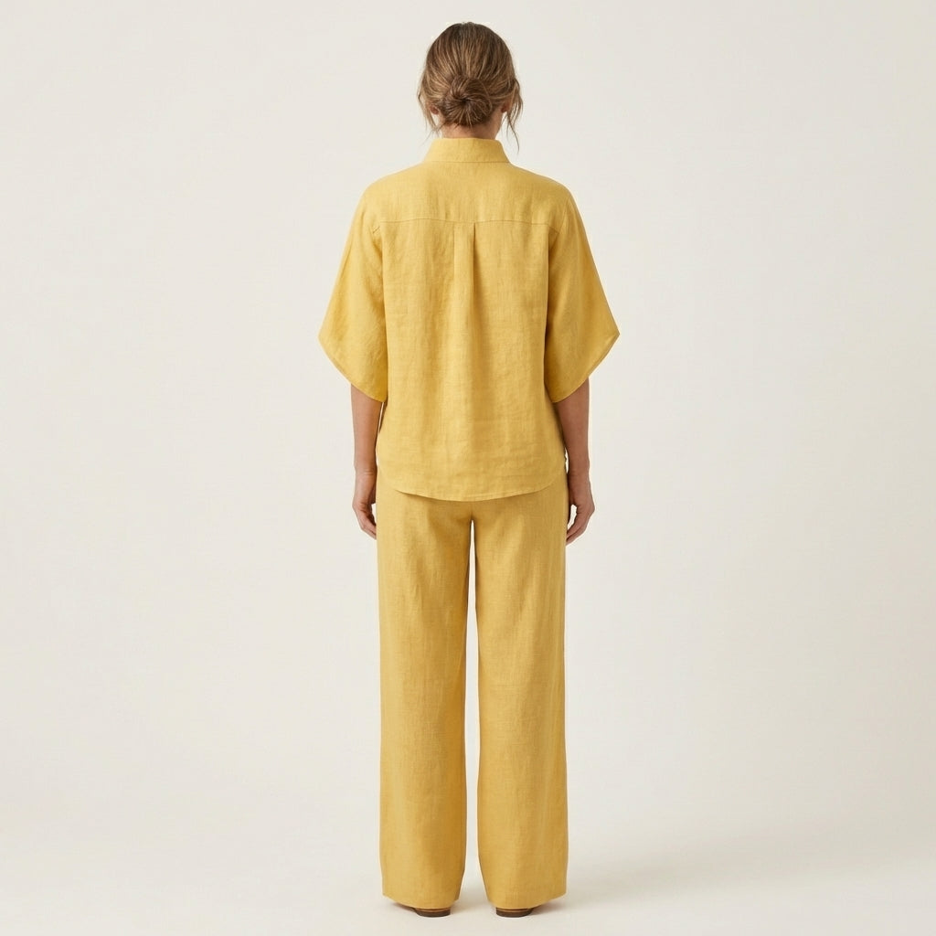Linen Look Band Collar Button Placket Top and Wide Leg Pants Two Piece Set