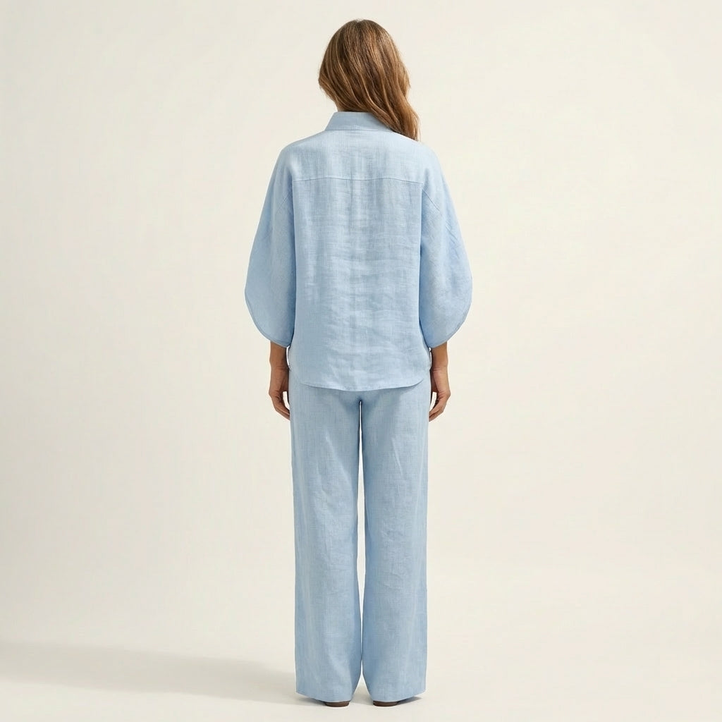 Linen Look Band Collar Button Placket Top and Wide Leg Pants Two Piece Set